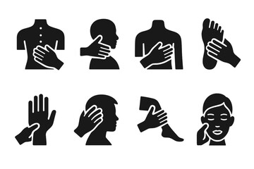 Obraz premium Massage Body Icons. Solid, filled icon set of massage body parts: back, neck, shoulders, feet, hands, scalp, legs, face. Solid, filled icons in only black