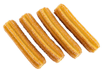 Delicious golden churros isolated, traditional Spanish dessert with sugar coating for sweet treat and snack food photography