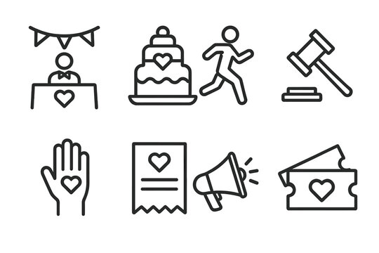 Charity Events Icons. Outline icon set of charity events: fundraising gala, bake sale, charity run, auction hammer, volunteer hand, donation receipt,