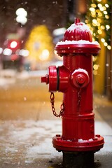 Bright red fire hydrant covered in fresh snow under soft night lights, urban winter scene