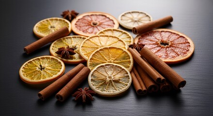 Dried citrus slices with cinnamon and star anise.