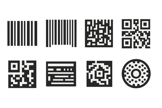 Barcode Icon Set. Solid, filled icon set of barcode types: UPC barcode, EAN barcode, Code128, QR code, Data Matrix, PDF417, Aztec code, MaxiCode. [Line icons