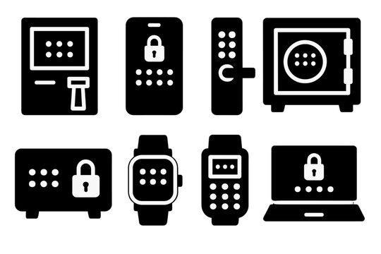 Digital Security Icons. Solid, filled icon set of PIN devices: ATM machine, smartphone lock screen, door keypad, safe lock, electronic lockbox, digital watch,