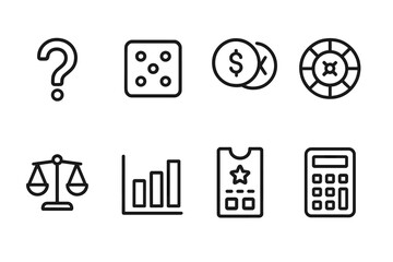 Chance Icon Set. Outline icon set of chance: question mark, dice, coin flip, roulette wheel, scale, bar graph, lottery ticket, calculator. Line icons in only