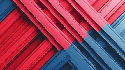 Abstract geometric background with diagonal pink and blue rectangular elements. Modern minimalist design with angled red and azure shapes creating dynamic architectural grid pattern with shadows.