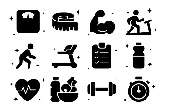 Fitness Icons Grid. Fitness progress chart. Solid icons set of body scale, measuring tape, muscular arm, exercise figure, treadmill, workout log, heart rate,