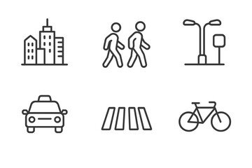 Urban Icon Collection. Outline icon set of urban crowd: city skyline, walking people, street lights, bus stop, taxi, crosswalk, bicycle, map pin. [Line icons
