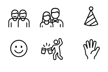 Obraz premium Bar Icon Collection. Outline icon set of themed bar clientele: group of friends, couple, bartender, party hat, smiley face, clinking glasses, dance pose, hand