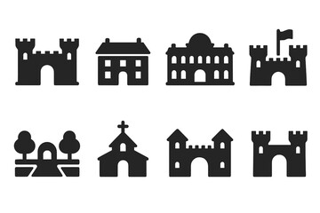 Fototapeta premium Noble Residences Icons. Solid, filled icon set of noble residences: castle, manor house, palace, estate, fortress, garden, chapel, gatehouse. Solid, filled
