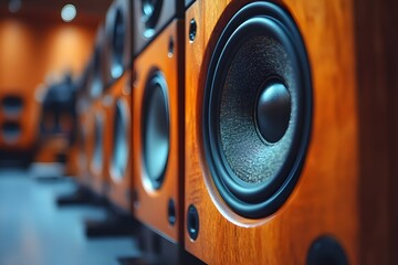 Wooden speaker close-up in audio equipment showroom with blurred background