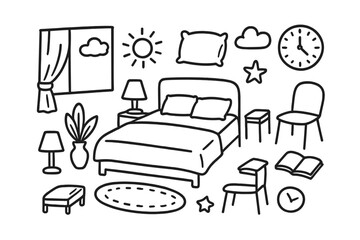 Cozy Bedroom Doodle. Hand-drawn doodle illustration Spacious bedroom bed, pillow, blanket, rug, lamp, vase, plant, window, curtain, chair, book, clock, star,