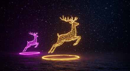 Illuminated Deer: Two radiant deer, crafted from intricate light patterns, leap joyfully against a mesmerizing starry night backdrop. Evoking wonder and a touch of the magical.