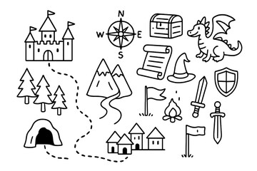 Fantasy Map Doodles. Hand-drawn doodle illustration fantasy map castle, dragon, forest, mountain, river, compass, treasure chest, scroll, wizard hat, sword,