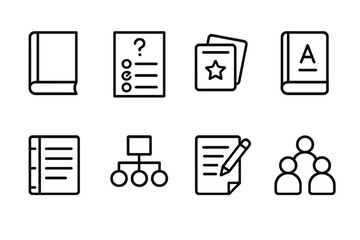 Educational Icon Set. Outline icon set of educational annotation: textbook, quiz, flashcards, glossary, lecture notes, diagram, homework, study group. Line