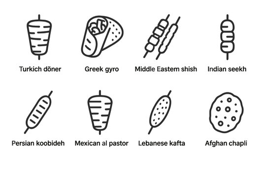 International Line Icons. Outline icon set of kebab types worldwide: Turkish doner, Greek gyro, Middle Eastern shish, Indian seekh, Persian koobideh, Mexican