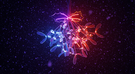 Glowing Mistletoe in a Winter Wonderland: An illuminated mistletoe hangs against a dark background, the festive berries and leaves bathed in a vibrant spectrum of light.