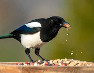 Magpie Eating Nut, Close-up View, Bird Feeding.