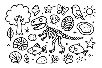 Natural History Doodles. Hand-drawn doodle illustration Natural history gallery dinosaur skeleton, fossil, bone, trilobite, shell, ammonite, leaf, tree, bird,