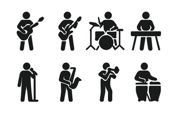 Jam Session Icons. Solid, filled icon set of jam session musicians: guitarist, bassist, drummer, keyboardist, vocalist, saxophonist, trumpeter, percussionist.