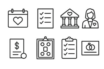 Wedding Icons Set. Outline icon set of wedding planning: calendar, checklist, venue, wedding planner, budget, seating chart, checklist clipboard, RSVP card.