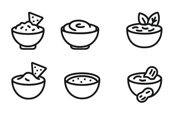 Appetizer Dip Icons. Outline icon set of appetizer dips: guacamole, salsa, hummus, spinach dip, cheese sauce, ranch, tzatziki, peanut sauce. [Line icons in