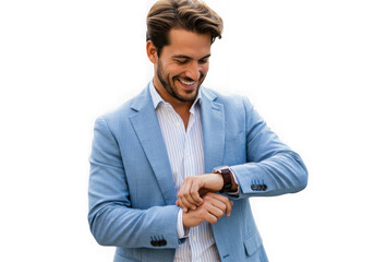 Smiling man in blue blazer checking smartwatch isolated on transparent background