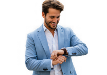Smiling man in blue blazer checking smartwatch isolated on transparent background