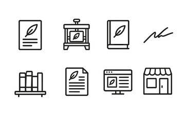 Poetry Publishing Icons. Outline icon set of poetry publishing: manuscript, printing press, book cover, author signature, library shelf, newspaper clipping,