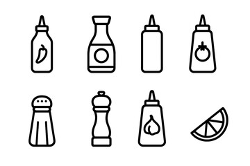 Fototapeta premium Street Food Condiments. Outline icon set of street food spices and condiments: chili sauce, soy sauce, mustard, ketchup, salt shaker, pepper grinder, garlic