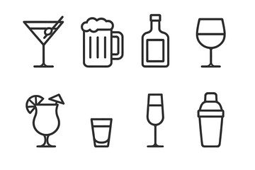 Bar Drink Icons. Outline icon set of themed bar drinks: martini glass, beer mug, whiskey bottle, wine glass, tropical cocktail, shot glass, champagne flute,