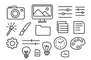 Creative Editing Tools. Hand-drawn doodle illustration photo preset camera, computer screen, sliders, filter, brush, layers panel, gear, settings icon,