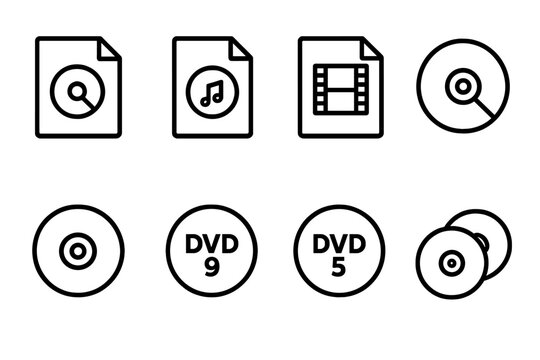 Media and Legal Icons. Outline icon set of CD/DVD formats: ISO file, MP3 audio, MPEG video, WAV file, VCD disc, DVD-, DVD-, dual layer disc. Line icons in only