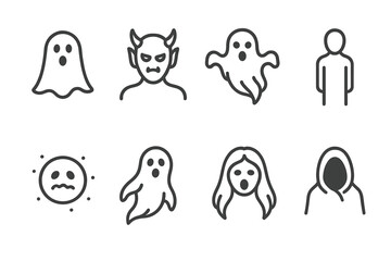 Supernatural Icon Set. Outline icon set of supernatural beings: ghost, demon, poltergeist, shadow figure, spirit orb, phantom, banshee, wraith. [Line icons in