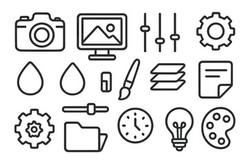 Creative Editing Tools. Hand-drawn doodle illustration photo preset camera, computer screen, sliders, filter, brush, layers panel, gear, settings icon,