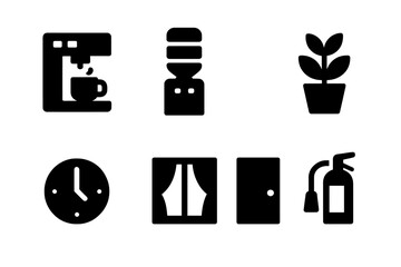 Office Icon Set. Solid, filled icon set of office environment: coffee machine, water cooler, air conditioner, plant, clock, window, door, fire extinguisher.