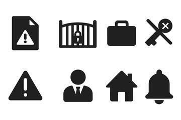 Eviction Icons Set. Solid, filled icon set of eviction notice: official letter, locked gate, suitcase, crossed key, warning symbol, landlord figure, house