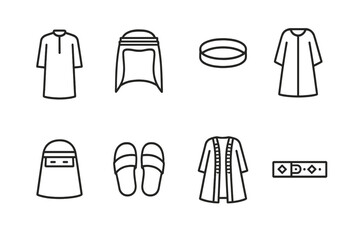 Saudi Traditional Icon Set. Outline icon set of Saudi traditional clothing: Thobe, Ghutra headdress, Agal, Abaya, Niqab, Sandals, Bisht cloak, Embroidered