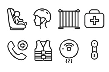 Mother-Child Safety Icons. Outline icon set of mother and child safety: car seat, helmet, baby gate, first aid kit, emergency phone, life jacket, smoke