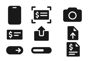 Mobile Deposit Icons. Solid, filled icon set of mobile deposit tools: smartphone icon, scanning check, front camera icon, check image, upload document, submit