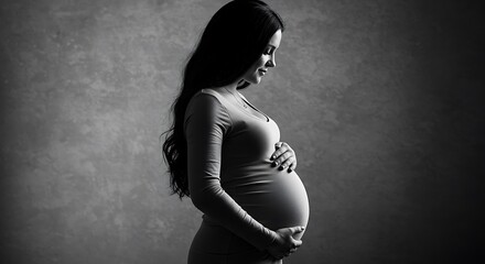 A loving expectant mother tenderly caresses her pregnant belly in an artistic black and white studio portrait