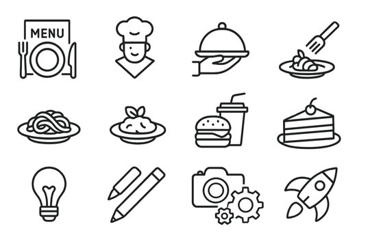 Black Icon Set. Outline icon set of serving size in restaurants: menu plate, chef?s recommendation, portion control, tasting size, large serving, side dish,