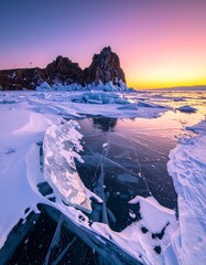 Frozen lake at sunrise