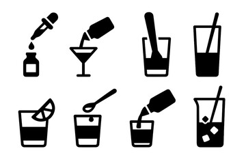 Bitters Serving Icons. Solid, filled icon set of bitters serving styles: dropper use, cocktail pour, muddling, stirring, garnishing, layering, neat pour,