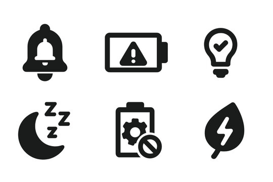 System Notification Icons Set. Solid, filled icon set of system notifications: power alert, low battery warning, power saving mode activated,