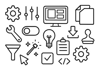 Hand-Drawn Software Icons. Hand-drawn doodle illustration software preset gear, sliders, computer screen, layers panel, wrench, toggle switch, light bulb,