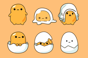 Six illustrations a lazy egg character from. Depicted in various cute poses against a light brown background. Each version shows interacting with or emerging from an eggshell. 