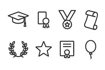 Graduation Icon Set. Outline icon set of graduation celebration: graduation cap, diploma, medal, scroll, laurel wreath, star, certificate, balloon. Line icons