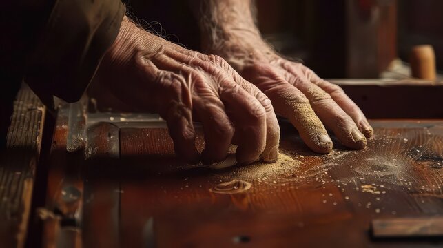 Close up of wrinkled hands cleaning a wooden surface with dust and debris in a dimly lit setting - Powered by Adobe