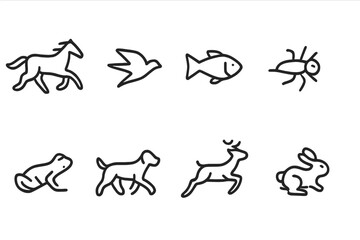 Obraz premium Animal and Transport Icons. Outline icon set of animal movement: running horse, flying bird, swimming fish, crawling insect, jumping frog, walking dog,