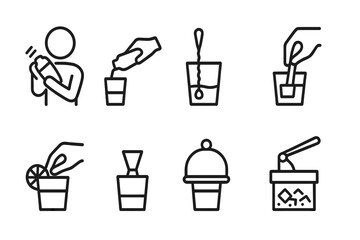 Bartending Icon Set. Outline icon set of bartending actions: shaking, pouring, stirring, muddling, garnishing, measuring, serving, ice crushing. [Line icons in